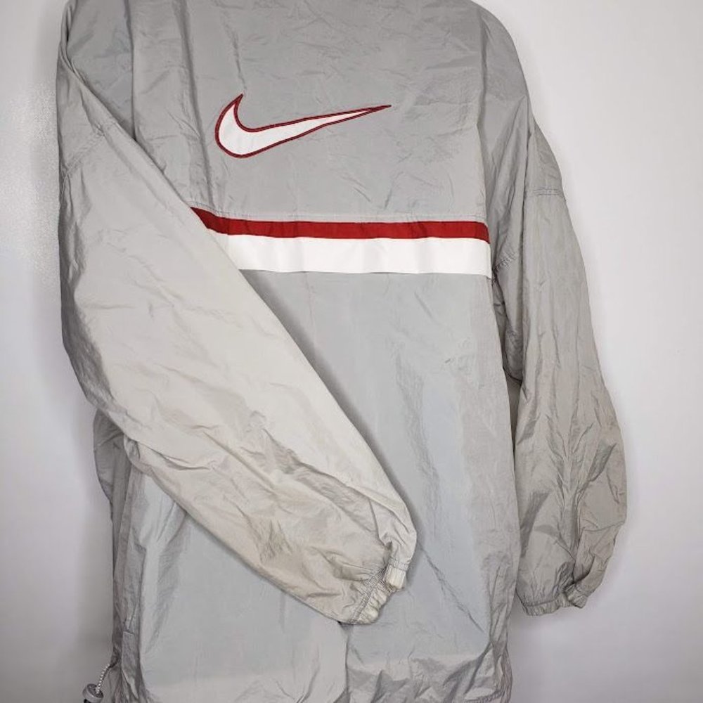 Nike Men's Windbreaker Jacket XL Gray Red Swoosh Nylon Half Zip White Label - Picture 7 of 11
